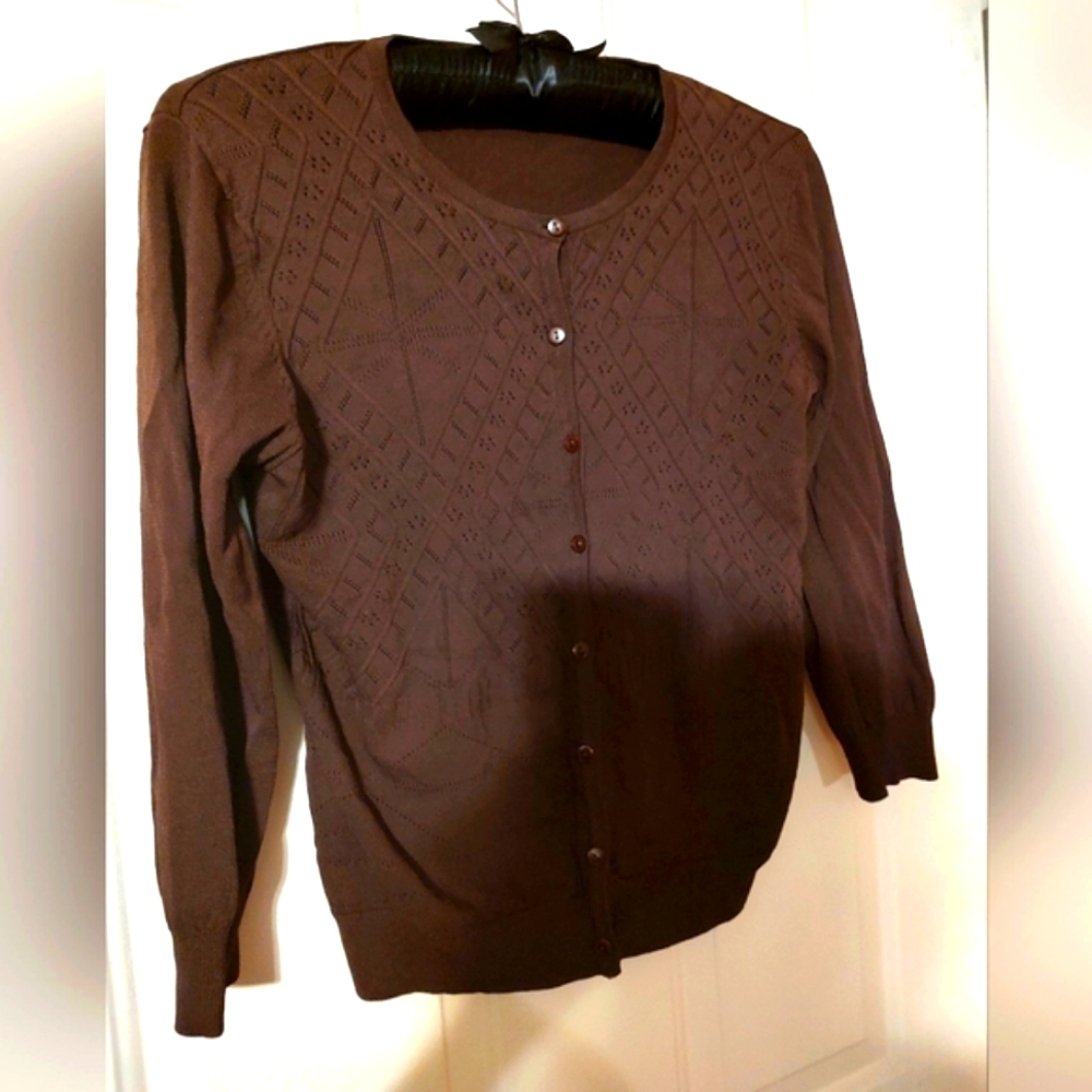 🤎 Beautiful Rich Chocolate Brown Silky Soft Harlequin Crochet Cardigan - L - Picture 5 of 12